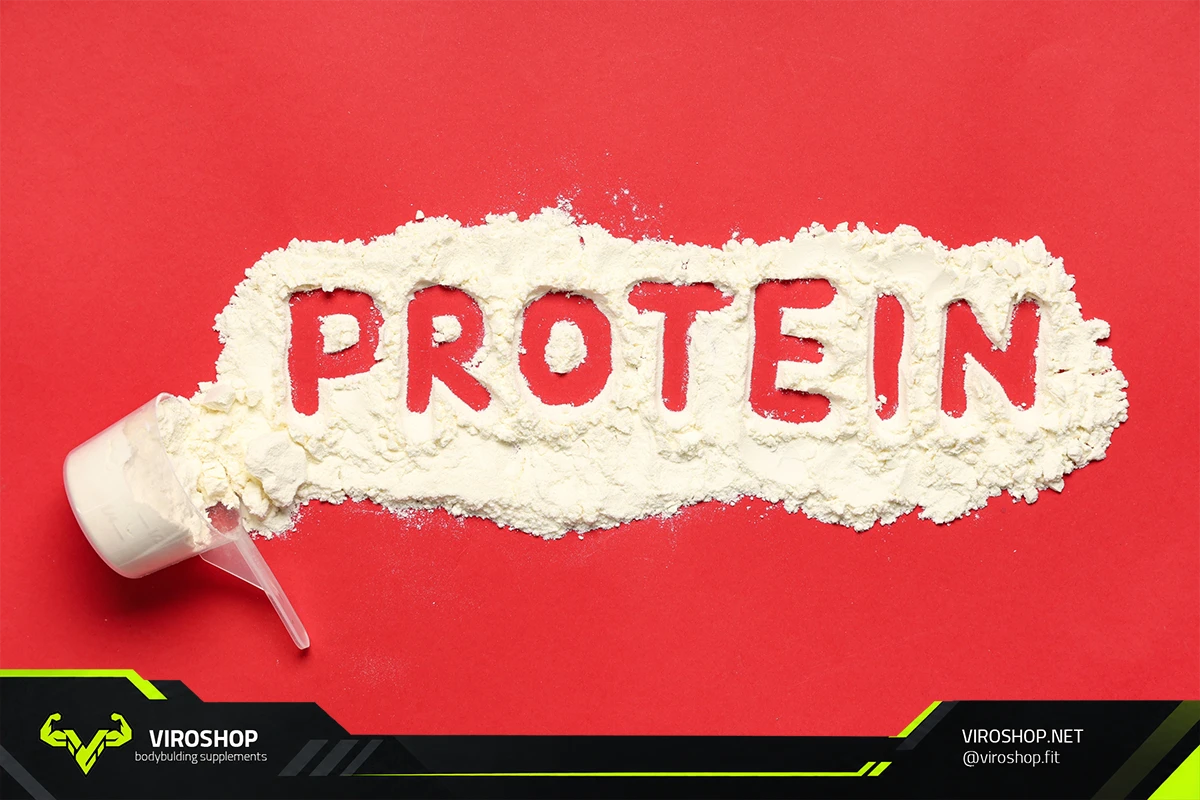 پودر پروتئین که روی سطح قرمز رنگی ریخته شده و داخل آن کلمه protein نوشته شده